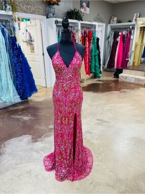 Hot Pink Aleta Halter Prom Dress with Gold Accents